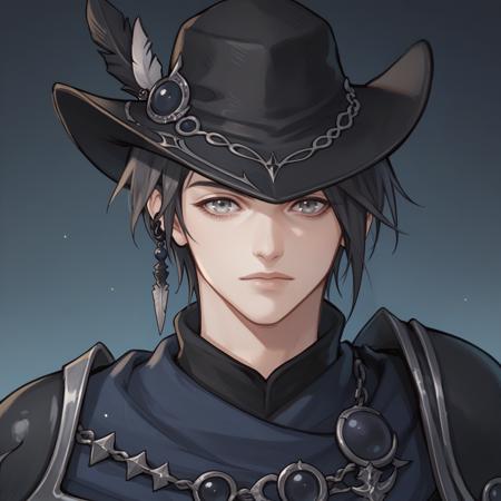 ff14zero, androgynous, solo, jewelry, black hair, short hair, grey eyes, black armor, shoulder armor, cape,  black hat, hat feather paladinzero, androgynous, solo, jewelry, black hair, short hair, grey eyes, white armor, shoulder armors, pauldrons, hatching (texture), white collar, blue gemstone,