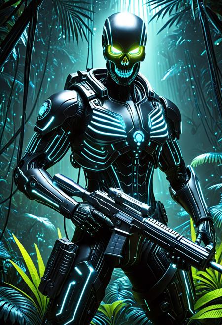 Tactical android holding a gun, full-body portrait, silver and black color scheme, intricate biomechanical details, bioluminescent lighting, glowing accents, skull motifs fused with machinery, dark cyberpunk aesthetic, highly detailed textures, atmospheric lighting, powerful and emotive expression, inspired by Anton Semenov and H.R. Giger, rendered in the style of Mort Künstler, RTX-quality lighting, hyperrealistic render, Nikon D850 clarity, DAZ3D model styling, V-Ray look, cinematic terrorwave feel, complex background with glowing alien jungle, bioluminescent flora, military gear, metallic reflections