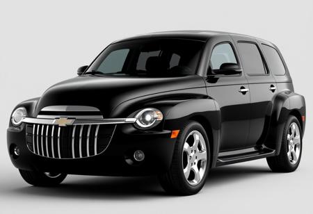retro-futuristic 4-door chevy hhr fleetmaster, sleek black body, streamlined design with subtle curves, reduced bubble effect, large rounded headlights with integrated LED rings, bold fenders, refined chrome grille with vertical slats, aerodynamic roofline, low and wide stance, smooth doors seamlessly integrated, deep glossy black finish, chrome accents around windows and lights, sculpted rear with modern rounded taillights, jet-age-inspired design, futuristic yet classic, elegant and refined, four-door layout, sophisticated coupe silhouette, ultra-realistic textures, high-resolution, timeless design combining classic elegance with futuristic elements, subtle chrome highlights, powerful yet sleek appearance, (excessive curves:-1.5), (boxy design:-1.6), (supercar influence:-1.6), (flat shapes:-1.6), (over-the-top luxury cues:-1.5)