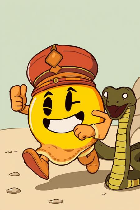 illustration of pacman dressed as a Moroccan snake charmer running away from a big snake, cartoon, detailed,