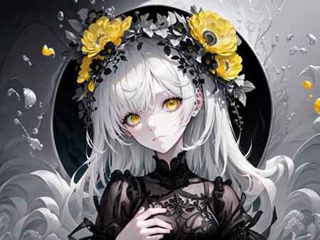 (best quality, masterpiece), (1girl, solo, black suit, standing , looking at viewer, white hair, yellow eyes, closed mouth, upper body), (giant black bouquet background, floral_background)