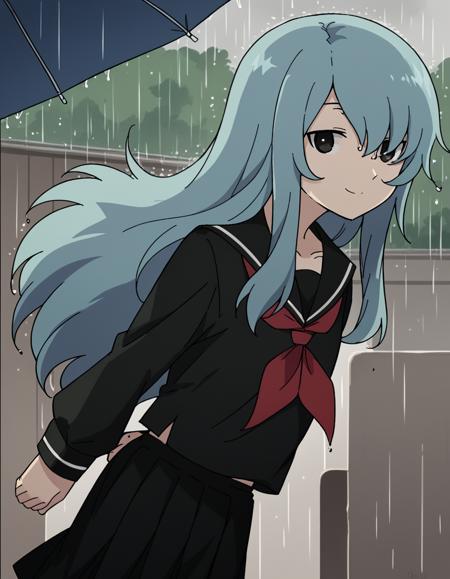 mero furuya, black eyes, blue hair, hair over eyes, sidelocks, long hair, school uniform, serafuku, long sleeves, neckerchief, red neckerchief, skirt, black skirt, pleated skirt, black shirt, black sailor collar, black serafuku,