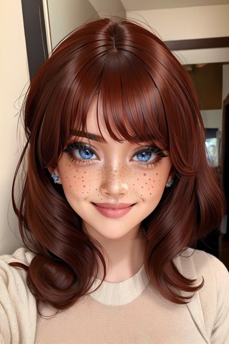 <lora:detail_slider_v4:1>masterpiece, high quality,   <lora:r3tr0r3dd0ll:0.75> r3tr0r3dd0ll, 1girl,long hair,looking at viewer,smile,blue eyes,dark red hair,upper body,wavy hair, bangs, freckles,  <lora:age_slider_v6:1>