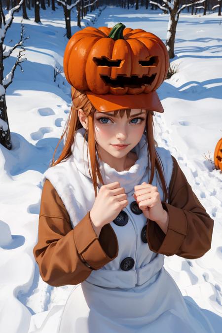 masterpiece, best quality,  <lora:snowgolem-nvwls-v1-000009:0.9> sgolem, pumpkin hat, coat, white skirt, buttons, smile, winter, snow, furrowed brow, looking at viewer, fists, from above