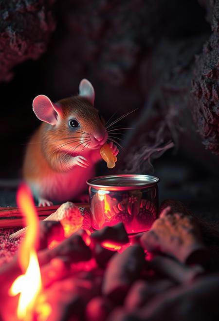 surreal VFX, nano-rat cooking  chicken soup on a campfire seen under an electron scanning microscope, with details, vivid colors