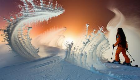 Panorama, long-haired brunette on a snowboard, alabaster skin broken by crystalline strands of sugar, swirling ink-coloured chaos, orange ski suit against liquid shine.
Mist clings to her silhouette, creating the most amazing surreal patterns that look like something from another planet!