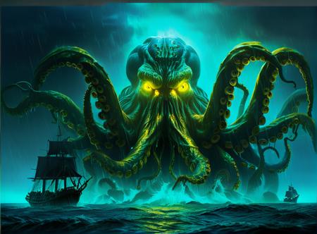 masterpiece,high resolution, <lora:Cthulhu-XL-9:0.8>,
cthulhu, watercraft, ship, tentacles, glowing, no humans, ocean, glowing eyes, rain,blue and yellow theme,