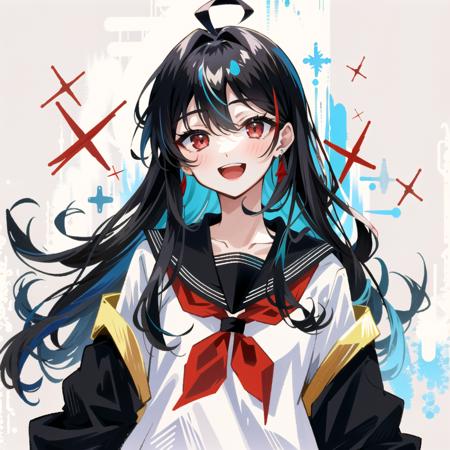 detailed,best quality,masterpiece,illustration,wallpaper,,1girl,solo,upper bodywhite bow,:d,smile,eyeliner,long hair, black hair,(ahoge:1.2),bangs,hair between eyes,gray inner hair,
red eyes,looking at viewer,black sailor collar,black serafuku,long sleeves,dimly lit