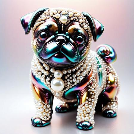 lazympos, depth of field, hyperrealistic, masterpiece, Intricate Design, Pearlum,
a colourful pug statue made of metal, reflective metal, statue made of pearls, rainbow theme