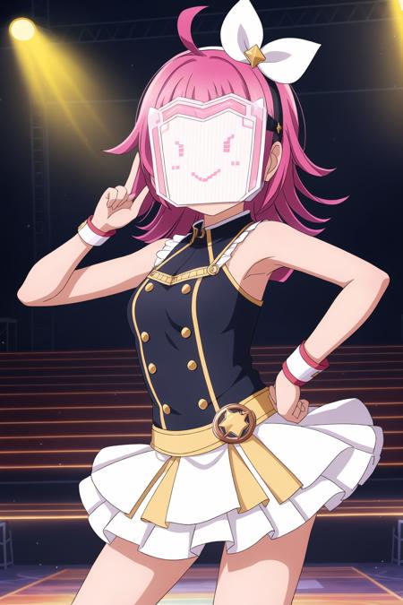 masterpiece, best quality, highres, absurdres, 1girl,
<lora:RinaTennoji_Mistoon_Locon_CulturedDiffusion:0.6>, rina tennoji, pink hair, ahoge, (rina-chan board: 1.5), 
hand on hip, spread armpit
idol, stage,
spotlight, audience, performance