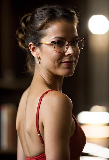 EvaHerzigova, portrait photo of a woman, smiling, welcoming, red eyeglasses, updo, ponytail, academic library, 4k textures, soft cinematic light, adobe lightroom, photolab, hdr, intricate, elegant, highly detailed, sharp focus, ((((cinematic look)))), soothing tones, insane details, intricatedetails, hyperdetailed, low contrast, soft cinematic light, exposure