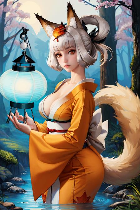 kongiku, leaf on head, fox tail japanese clothes, kimono, cleavage