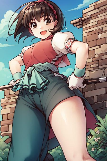 <lora:nanami_suikoden_face:0.77>, 1girl, solo, short hair, brown hair, look at viewer, ((masterpiece)), (best quality), 1girl, alone, bridge, grass, focused, close angle, grabbing, smile, detailed, anime, brown eyes, gloves, hairband, hand on hip, open mouth, standing, looking at viewer, shoes, pants, short sleeves, puffy sleeves, black hair, flats, holding, :d, puffy pants, capri pants, puffy short sleeves, weapon, ribbon, no socks, shirt, chinese clothes, wristband, wrench, bangs, hair ribbon, baggy pants, staff, white gloves, black footwear, colorful, green pants, from behind,  look at behind