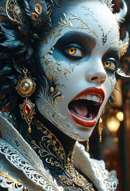 This captivating portrait, created by artists Karol Bak, James Jean, Tom Bagshaw, and inspired by Rococo, features a white-eyed, black-skinned monster with a mouth full of sharp fangs. The attention to detail and sharp focus make this piece stand out, as it trended on ArtStation. The cinematic lighting, hyper-realism, and Octane render contribute to the image's striking appearance.
The 8K, ultra-detailed, and highly detailed portrait showcases vivid and hyper-detailed elements, making it an exceptional piece of art. The combination of these elements creates a visually stunning and thought-provoking image that is sure to captivate viewers with its extraordinary level of detail and artistic prowess.