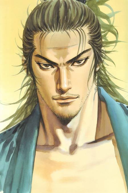 highlight on eyes，
takehiko style,  best quality, masterpiece， male figure study, a man: 1, long hair, male focus, solo, languid pose, baggy pants