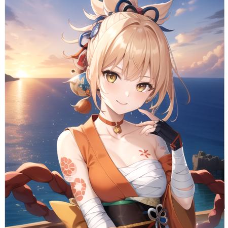 ((masterpiece)),(best quality),official art,extremely detailed CG,unity 8k wallpaper,ultra detailed,A lighthouse on a cliff by the sea,1girl,solo,upper body,(portrait:1.2),looking at viewer,hadanugi_dousa,sarashi,orange_kimono,japanese_clothes,arm_tattoo,blonde_hair,fingerless_gloves,smile,chest_tattoo,bandaged_arm,shimenawa,red_choker,hair_ornament,yellow_eyes,high_ponytail,rope,bandaged_leg,flower_tattoo,bangs,medium_breasts,tabi,single_fingerless_glove,leg_armor,single_thighhigh,<lora:Yoimiya(gen)>,