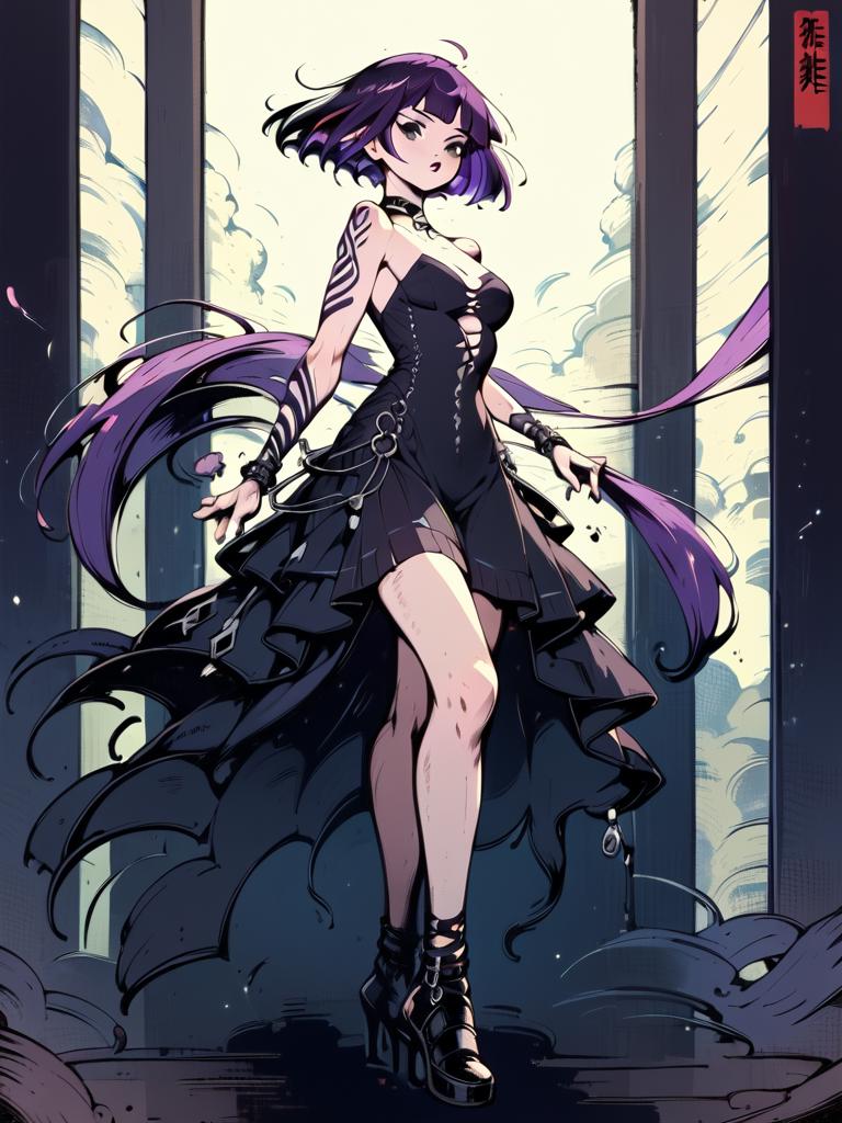 (score_9,score_8_up,score_7_up:1), 1girl, full body,   close angle, night lighting, mourning, (goth, black lipstick, black mascara, black eyeshadow), heavy breasts, (skinny), purple hair,choker, eyeshadow, (etherial rough skin), (pointing with object), junk saloon, (<lora:goth_clothes:1>, goth dress, gothic jewelry, black dress, detailed dress, black high heeled shoes), <lora:Japanese_INK:1> Japanese_INK