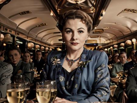 <lyco:Joan Fontaine-v1.0:1> <lyco:orient express-v1.0> photo of beautiful Joan Fontaine, in the orient express, tables in the background, film grain, sharp, uhd, colorful
