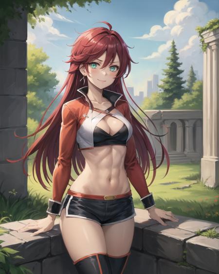 best quality, (masterpiece:1.2), illustration, absurdres,
(1girl, solo), (beautiful detailed girl), cowboy shot,
<lora:CelisRaceQueen-08:0.8> , Celis Ortesia, red hair, long hair, messy hair, aqua eyes, small breasts, (abs:0.9), (steel earrings:1.1),
race queen outfit, thigh_boots, shorts, hotpants, short_shorts, red sleeves,
(angry:0.8), smile, looking at viewer,
magical forest, flowers, fairy ring, glowing plants, ancient ruins, stone ruins, sky, clouds,,