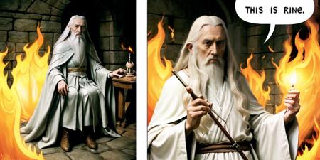 saruman the white, style of lord of the rings, IncrsThisIsFineMeme, solo, fire  <lora:ThisIsFineMeme:1.1>