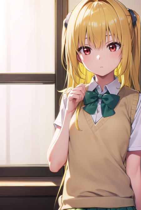 toloveruyami, <lyco:toloveruyami-lyco-nochekaiser:1>, 
yami, (yellow hair:1.5), long hair, (red eyes:1.5), (hair ornament:1.2), two side up, (small chest:1.2), 
BREAK school uniform, shirt, white shirt, bow, (green bow:1.5), skirt, (green skirt:1.2), pleated skirt, short skirt, sweater, (light brown sweater vest:1.5), short sleeves,
BREAK indoors, classroom,
BREAK looking at viewer, (cowboy shot:1.5),
BREAK <lyco:GoodHands-beta2:1>, (masterpiece:1.2), best quality, high resolution, unity 8k wallpaper, (illustration:0.8), (beautiful detailed eyes:1.6), extremely detailed face, perfect lighting, extremely detailed CG, (perfect hands, perfect anatomy),