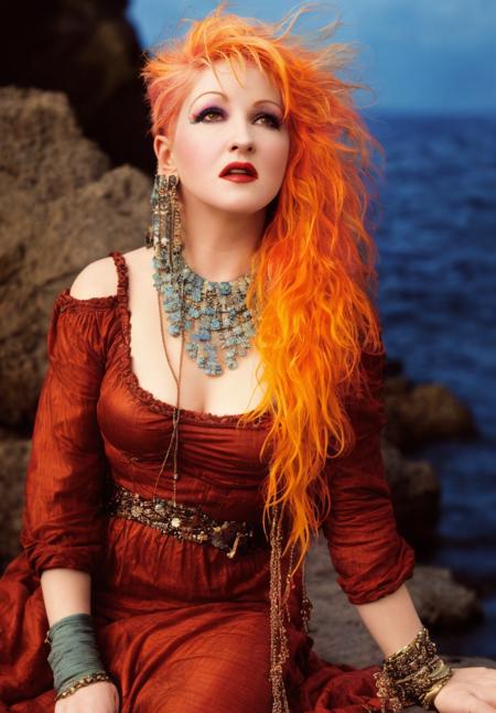 cyndi lauper 1980s, (sharp focus:1.2), photo, attractive young woman, (beautiful face:1.1), detailed eyes, luscious lips, (smokey eye makeup:0.85), (medium breasts:1.0), (athletic body:1.2), (wavy hair:1.2), wearing (maxi dress:1.2) on a (cliffside:1.2). (moody lighting:1.2), depth of field, bokeh, 4K, HDR. by (James C. Christensen:1.2|Jeremy Lipking:1.1).