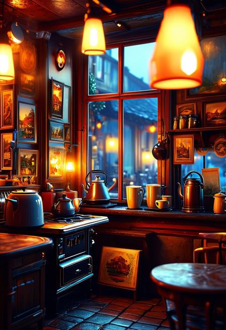 masterpiece, fantasy, digital art, highly detailed, overall detail, atmospheric lighting, Realistic. An old coffee shop in the evening. Cozy, warm lights. A fire burns in an old stove. Water is boiling in a teakettle. Worn-out furniture. Water is boiling in a teakettle. Beautiful porcelain and paintings. Silk lampshades. The window overlooks the evening street, intricate details, highly detailed, cinematic,