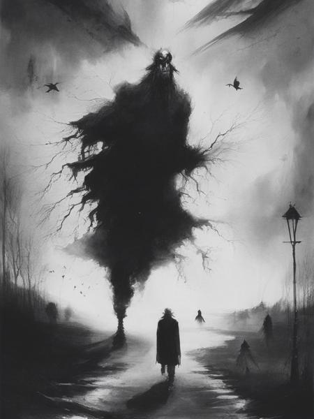 <lyco:StephenGammell:1.0> a man wheeps as a shadow person takes away his family Stephen Gammell, Scary stories, dark surrealism,Psychological Terror, Dark Psychedelic Surrealism, ink, dark, black and white