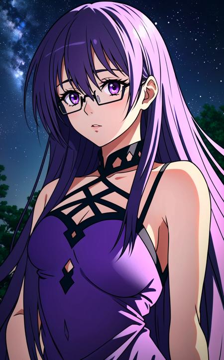 <lora:Sheele:1> Sheele, 1girl, solo, long hair, night, glasses, purple eyes, purple hair, sky, night sky, tree, outdoors, star (sky), upper body, starry sky, looking at viewer, very long hair, dress, hour glass body, ((Purple Sundress)) ((Extremely Detailed)), ((Best Quality)), ((Masterpiece)), ((4k))