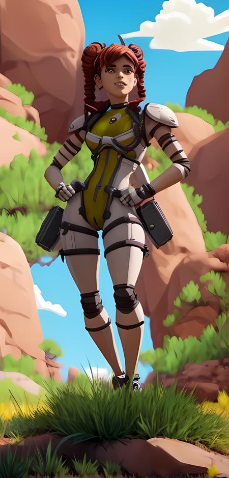 a female character stand on the grass, canyon background, <lora:ApexLegends:1.0>