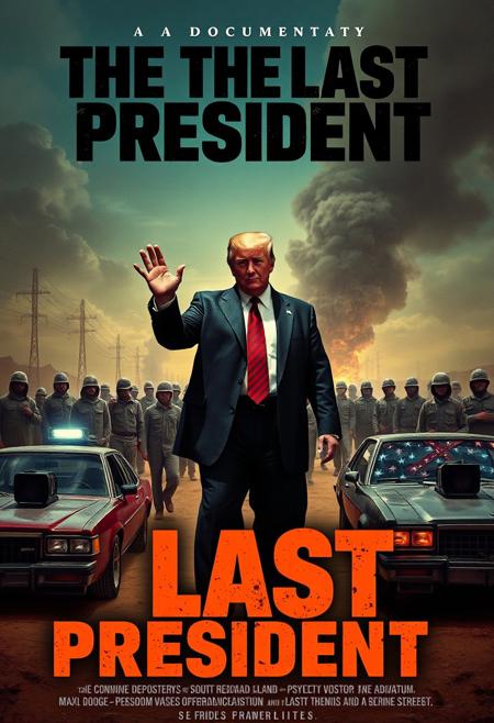 a poster for a documentary Titled: "THE LAST PRESIDENT"
In a post-apocalyptic wasteland showcasing Donald Trump as a tyrannical ruler, surrounded by prisoners, a psychotic worshipers and a drifters. MAD MAX-style outfits and cars
