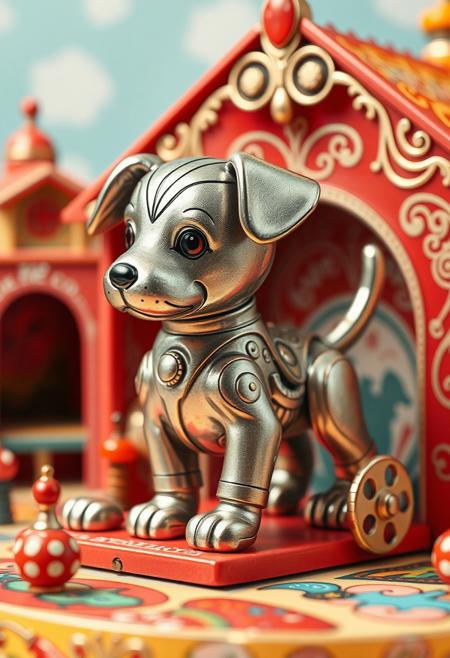 "Illustrate a vibrant, hyper-realistic image of a windup toy puppy in its doghouse, with intricate details and textures that seem to leap off the page. The puppy is a beautifully crafted, mechanical toy with shimmering metallic fur and a delicate, gear-driven tail that seems to wag with excitement. The doghouse is a colorful, ornate structure with intricate etchings and a delicate, filigree-style roof. The surrounding environment is a whimsical, toy-filled landscape with subtle details and textures that seem to bring the scene to life. The mechanical workings of the windup mechanism are visible, with delicate gears and springs that seem to pulse with energy. The overall effect is one of nostalgic, childhood wonder, as if the windup puppy is a beloved toy come to life." highest-Quality, intricate details, visually stunning, Masterpiece
