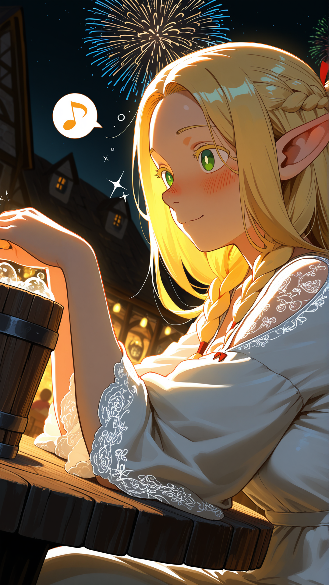 An elf woman with pointed ears, green eyes, and blonde hair styled in braids seated at a wooden table, leaning over a large wooden tankard filled with a bubbly beverage, with a musical note speech bubble near her head. She is wearing a white blouse with voluminous sleeves with detailed lace trim at the shoulders and cuffs. The setting is an outdoor town street at night, with half-timbered buildings in the background and bright fireworks exploding in the dark sky above. 