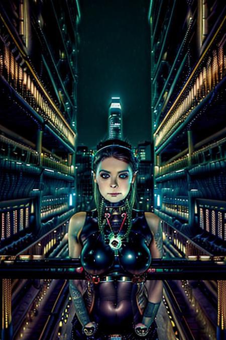 A feminine humanoid AI with expressive eyes gazes at a futuristic city skyline from a high balcony. The city below is alive with glowing vehicles, towering skyscrapers, and interactive billboards. A soft wind moves through her minimalistic attire
