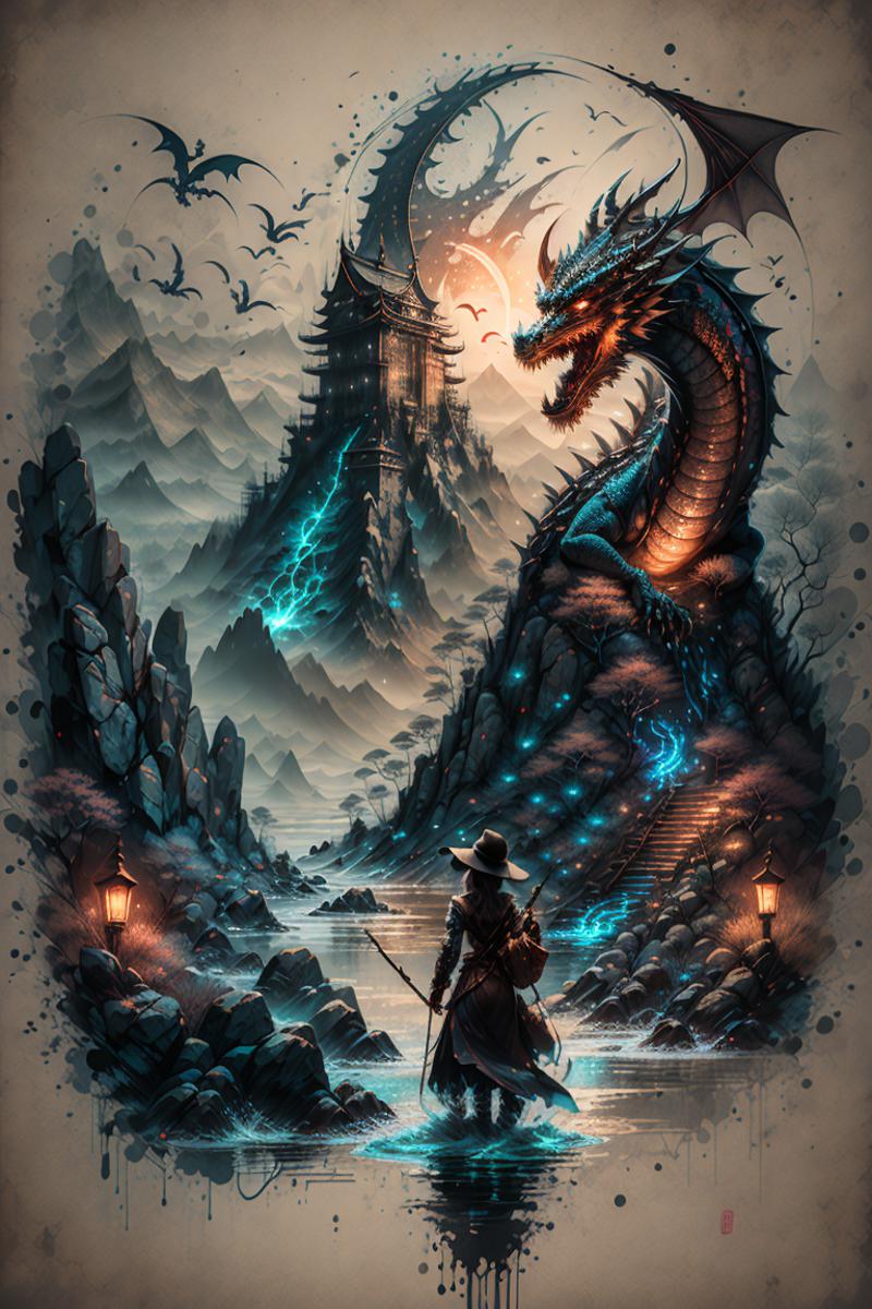 A man walking towards a dragon in a painting with a mountain background.