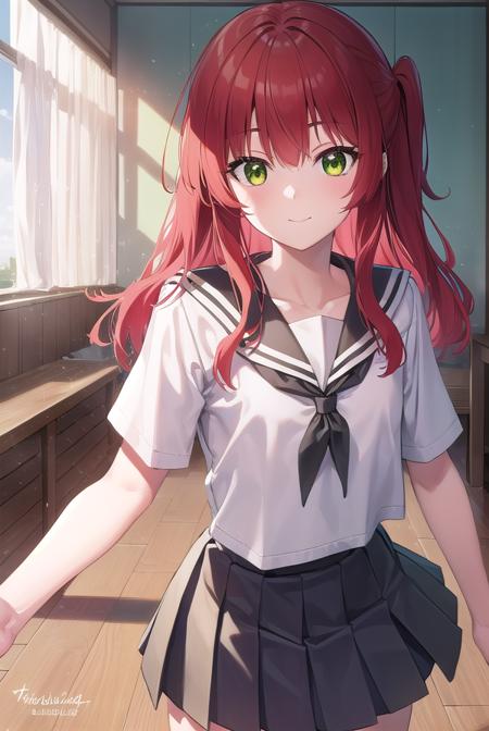 kitaikuyo, <lyco:ikuyokita-lyco-nochekaiser:1>, 
ikuyo kita, (green eyes:1.5), hair between eyes, long hair, one side up, red hair, (flat chest:1.2), smile,
BREAK black footwear, black skirt, grey sailor collar, pleated skirt, sailor collar, school uniform, shoes, short sleeves, shuka high school uniform, skirt,
BREAK indoors, classroom,
BREAK looking at viewer, (cowboy shot:1.5),
BREAK <lyco:GoodHands-beta2:1>, (masterpiece:1.2), best quality, high resolution, unity 8k wallpaper, (illustration:0.8), (beautiful detailed eyes:1.6), extremely detailed face, perfect lighting, extremely detailed CG, (perfect hands, perfect anatomy),