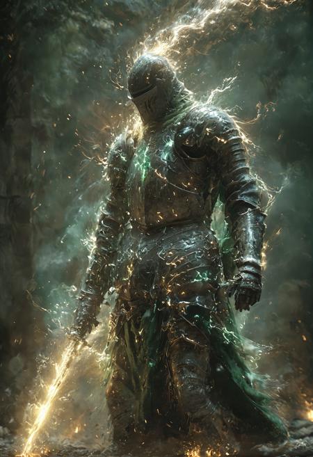 A man wearing medieval armor.,He uses magic to give his sword thunder magic,There are some small thunder and lightning in the surrounding air and distorts part of the picture,<lora:çº¿ç¨¿å¤§å¸å å¼ºç_v1.0:0.5>,<lora:é·åç´ -ç¹æ [SDXLç½æ£±Lora]_v1.0>,<lora:Soul_Knight_SDXL_-_By_HailoKnight:0.5>,<lora:XL_Weapon_Dual_Swords_-_By_HailoKnight:0.7>,mid_shot,(depth of field:1.2),(dynamic_angle:0.8),(cinematic_angle:0.8),Steam rises from the armor,white lightning,soft focus,soul leaving the body,green fire,