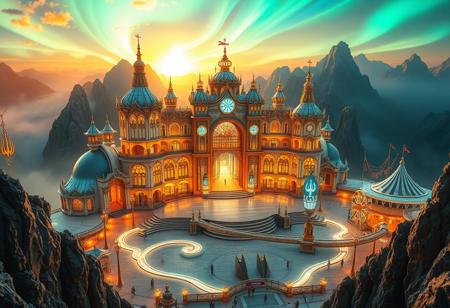Captivating fantasy scene:
Colossal fantasy palace
Palace features:
Bright, ribbons of aurora lights arc out like paths,
European architecture, large open stage in courtyard,
Sweeping curves and dynamic shapes
Metallic and glass surfaces with a white and gold, reflective quality
Dramatic lighting highlighting key architectural elements
Setting:
Surrounded by jagged mountains, sun rising over the tops,
Palace towers over the surrounding environment
Misty, breathtaking scene
Color palette:
White, Metalic Golds, vibrent colors, aurora borealis, luminous colors, 
Lighting:
Golden hour, otherworldly glow illuminating the palace
Soft, amazing light emanating from within the structure
Additional elements:
aurora borealis above
Trident patterns built into architechture and on flags,
theme Park build into the surrounding mountains, large ferris wheel, rollercoaster, roads of light looking like an aurora borealis,
Faint, figures or creatures in the foreground or background
Hints of advanced technology integrated into the architecture
Style: Hyper-realistic digital art with a touch of surrealism
Mood: Awe-inspiring, bright, and mysterious
Composition: Wide-angle view to showcase the palace's scale, with a low angle to emphasize its towering presence