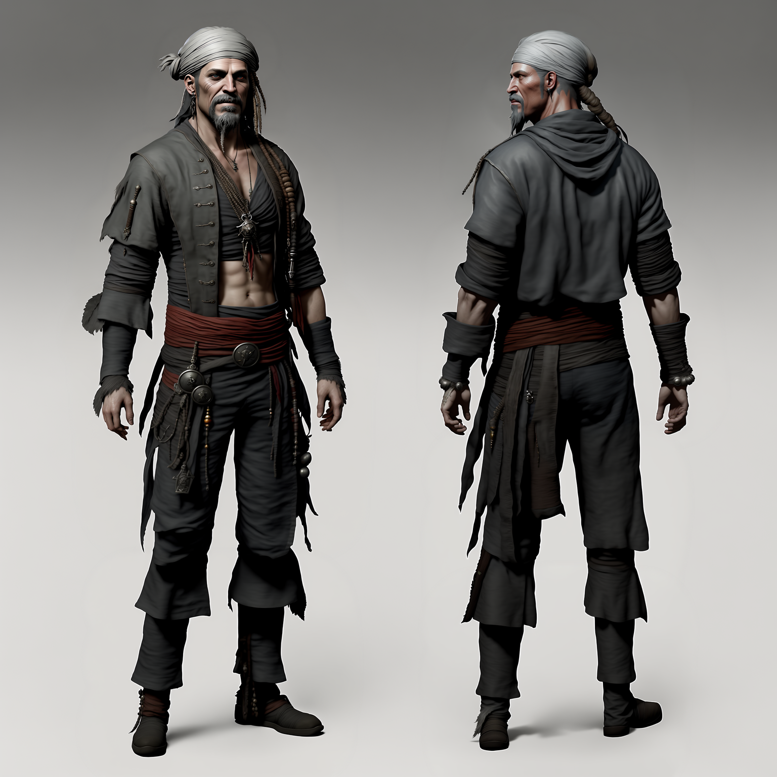 photo of a photorealistic full body of Slim Amarican (((male))) Pirate with grey clothing, tk-char, multiple views of the ...