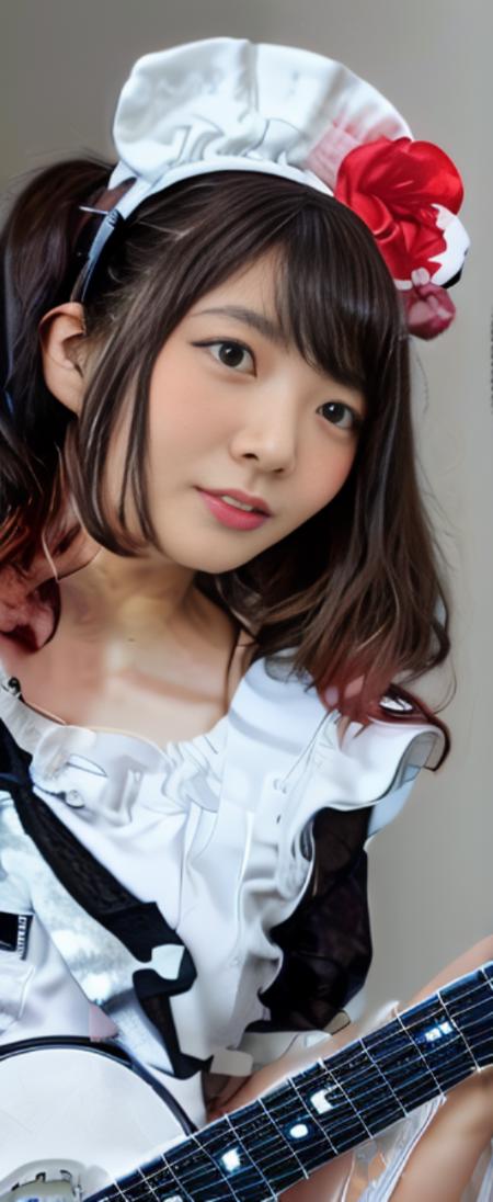 girl in a main costume playing the guitar with a flower on her head, beautiful Japanese face  <lora:MikuV4-15:1>
