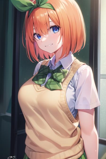 yotsubanakano, <lora:yotsubanakano-lora-nochekaiser:1>, 
yotsuba nakano, bangs, short hair, blue eyes, hair between eyes, hair ribbon, hairband, orange hair, green ribbon, <lora:talkmouth_I_v100:1>, smile,
BREAK skirt, shirt, bow, ribbon, school uniform, white shirt, short sleeves, pleated skirt, shoes, socks, collared shirt, miniskirt, bowtie, black footwear, kneehighs, green skirt, black socks, loafers, green bow, sweater vest, green ribbon,
BREAK looking at viewer, full body, upper body,
BREAK indoors, classroom,
BREAK <lyco:GoodHands-beta2:1>, (masterpiece:1.2), best quality, high resolution, unity 8k wallpaper, (illustration:0.8), (beautiful detailed eyes:1.6), extremely detailed face, perfect lighting, extremely detailed CG, (perfect hands, perfect anatomy),