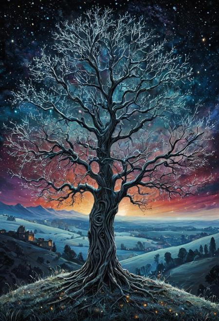 on a timeless hilltop the tree of years, its fragile leaves glistening with frost, spreads its ancient branches in silent applause to the majestic heavens, stars beyond number a backdrop to a celestial concert set in an inky black sky. Fantasy artwork,  vibrant colours,  sharp focus