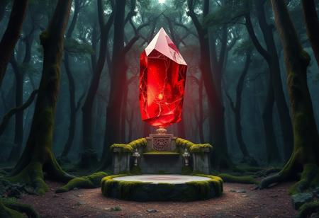 A big shimmering red crystal floating above an ancient, moss-covered stone altar in a dense, enchanted forest.