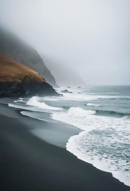 In this picturesque scene, a black beach stretches endlessly, its dark sands contrasting with seamless waves that roll gently onto the shore. Captured through the lens of a Canon EOS 5D Mark III with an exposure setting of 1/160s, f/8, ISO 100, every detail is crisp and clear. The minimalist abstraction and subtle gradient backdrop create a tranquil yet evocative ambiance, inviting viewers to immerse themselves in the surreal calm of the coastal landscape. Against the backdrop of misty mountains and cloudy skies, the conceptual portraiture of nature plays on perception, offering a visual metaphor for the vastness of the ocean. Through the play on visual metaphor, the photograph captures a moment of serene beauty, where the contrasting elements of land and sea converge seamlessly, creating a harmonious composition that is both captivating and serene.