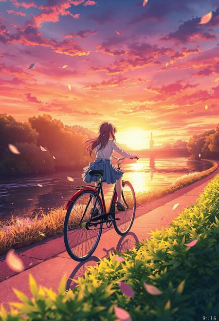 Vertical 9:16 cinematic anime scene, anime girl riding a bicycle along a riverside path during sunset, vibrant colors reflecting off the water, small petals flying in the wind, lush green bushes in the foreground, dreamy anime pastel look, very dynamic composition.