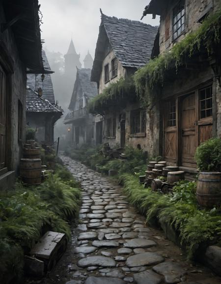 realism style a whimsical medieval village, where rustic houses and castles rise high, their wooden and stone structures draped in greenery. A cobblestone path weaves through the center, lined with remnants of carts and barrels. The scene is shrouded in mystery, with fog and overcast skies adding to the sense of antiquity. This fantasy setting, perfect for storytelling or game design, reimagines historical architecture with a touch of the fantastical, Cinematic photography, movie mood, cinematic light, compelling composition, storytelling elements, conveys emotion, mood, and narrative depth, creating visually striking images that feel like still frames from a film . lifelike, detailed, accurate, representational, Photo realistic, hyper detail, hyper realistic, Style of stephen gammell, watercolors, black and white, swamp, shadowy creatures, dripping, infected, Gothic art style, gothic details, dramatic compositions, rich symbolism