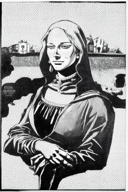 la gioconda, eternauta, comic, silluete, black and white, left-to-right-manga, monochrome <lora:Eternauta_IA_LoRA_sd15_v1.1:1>