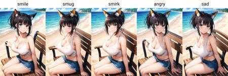 masterpiece, best quality, 1girl, solo, sitting, on bench, outdoors, beach, tank top, (white tank top:1.2), (black hair:1.2), green eyes, (smile), ponytail, blunt bangs, short hair, huge breasts, blue shorts, fox ears,<lora:Nakajima-yuuka-Style_878808:1>