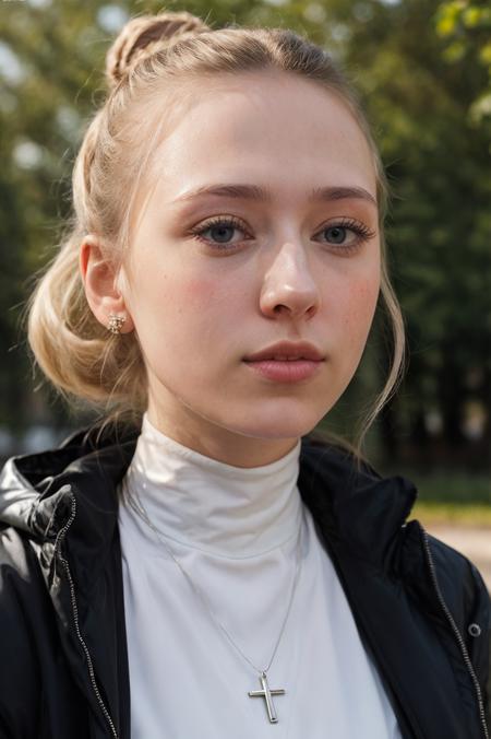 (closeup faceshot:1.4) Portrait of pretty young (18-year-old)white skin Caucasian (futurapristine4675v5) ((Gazing upwards, showcasing vulnerability and allure.:1.07)), (flat chest:1.15), outdoor, BREAK (white space buns), no makeup, long dainty necklace, ((high neck top and big puffer jacket)) , <lora:epi_noiseoffset2:1> BREAK (magazine cover:1.10), BREAK (masterpiece, extremely detailed skin, photorealistic, heavy shadow, dramatic and cinematic lighting, key light, fill light), sharp focus, BREAK location is (outdoor Moscow, Russia), <lora:ClothingAdjuster3:-0.5>