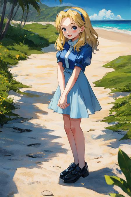 mariarobotnik, long hair, blonde hair, blue hair, hairband, blue dress, puffy sleeves, smile, looking at viewer, beach <lora:maria_robotnik-v2:1>